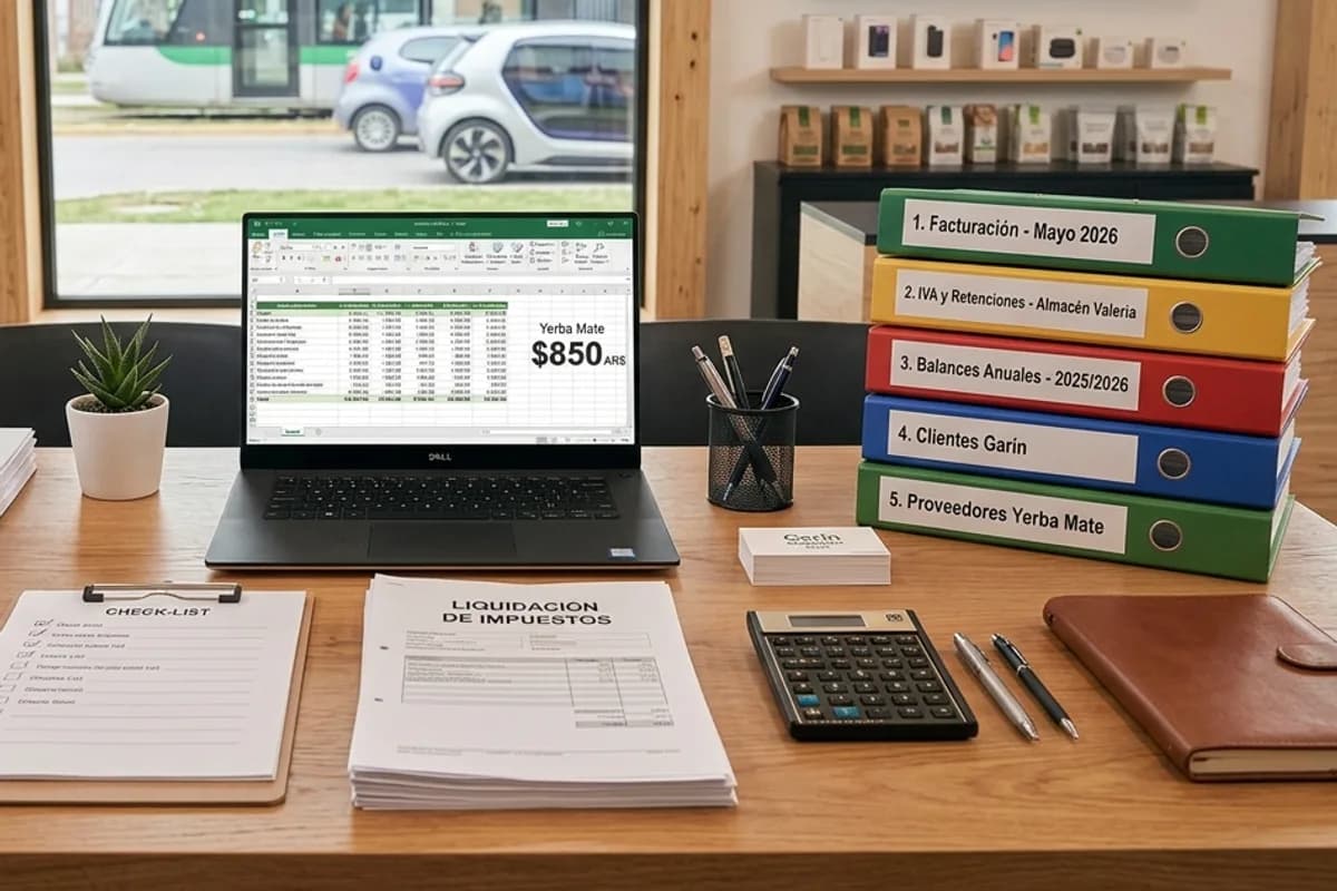 Escritorio de un estudio contable con una notebook abierta en una planilla, biblioratos de colores, liquidaciones de impuestos impresas y una calculadora