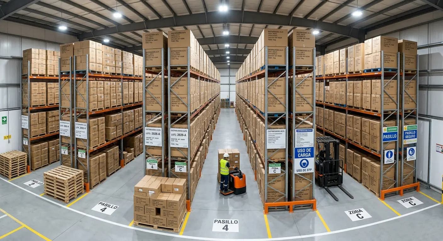 Depósito con cajas ordenadas en estanterías