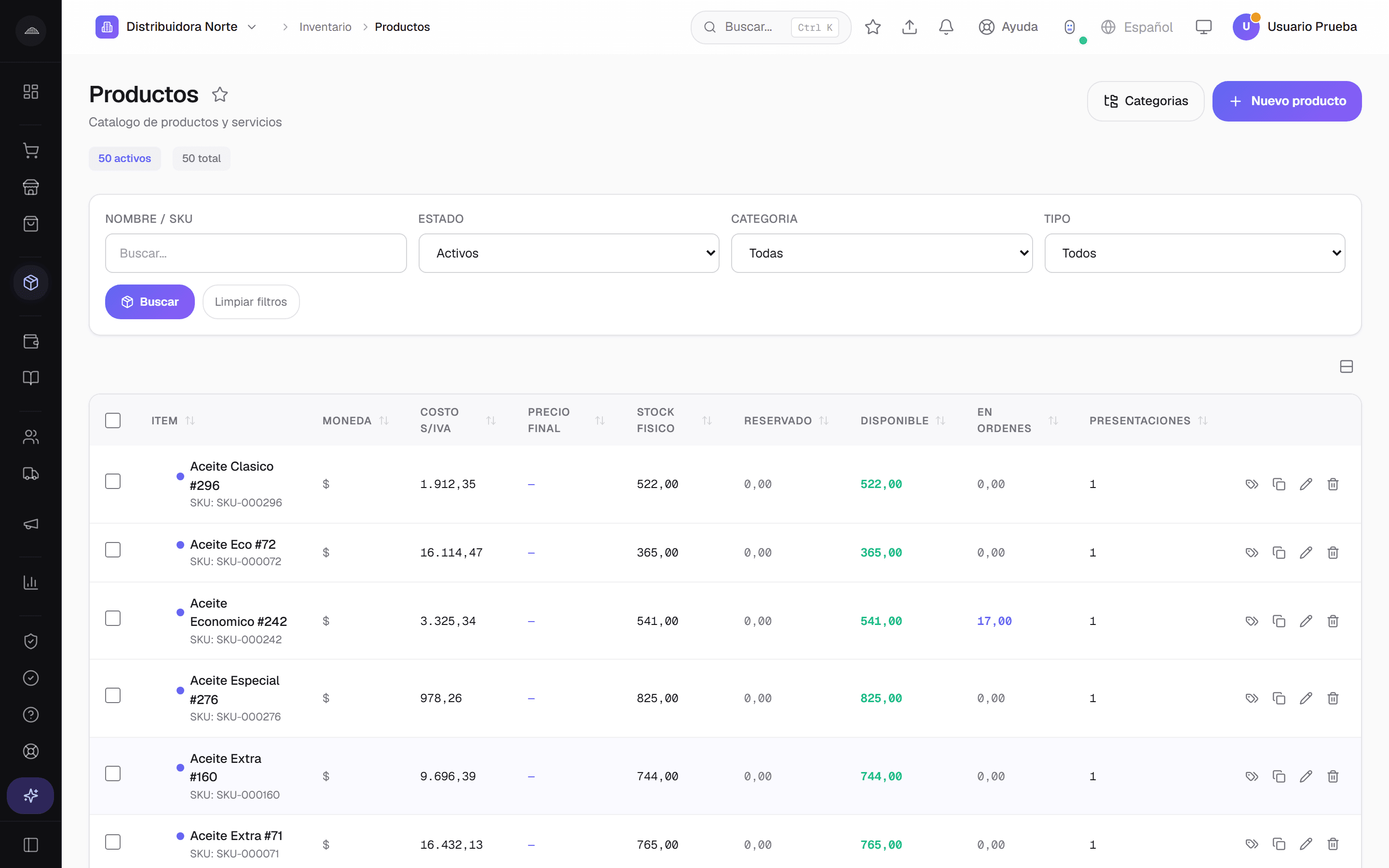 Listado de stock multi-depósito en Abakool con existencias por sucursal y alertas de mínimos