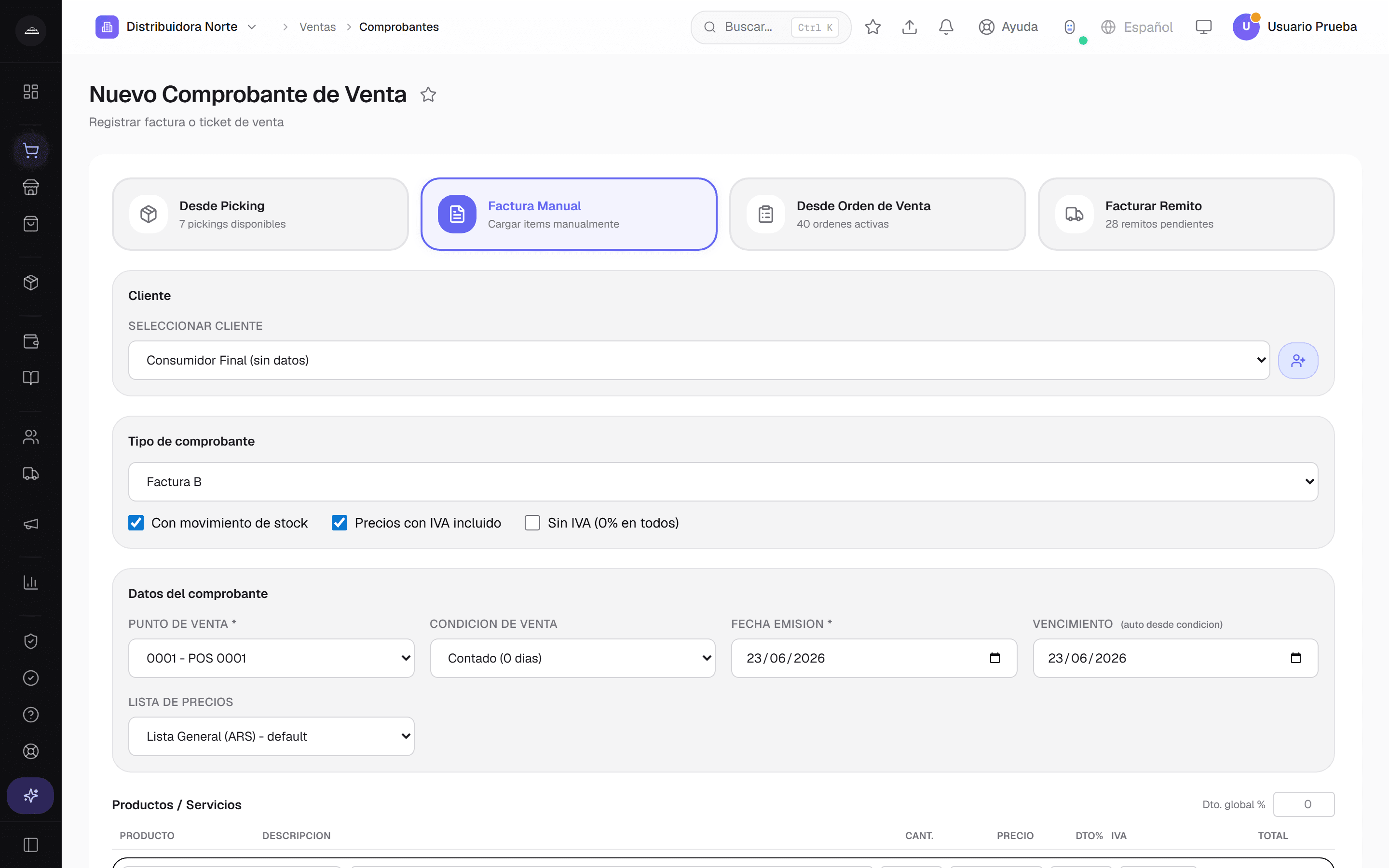 Detalle de IVA y percepciones de IIBB calculados en una factura de Abakool