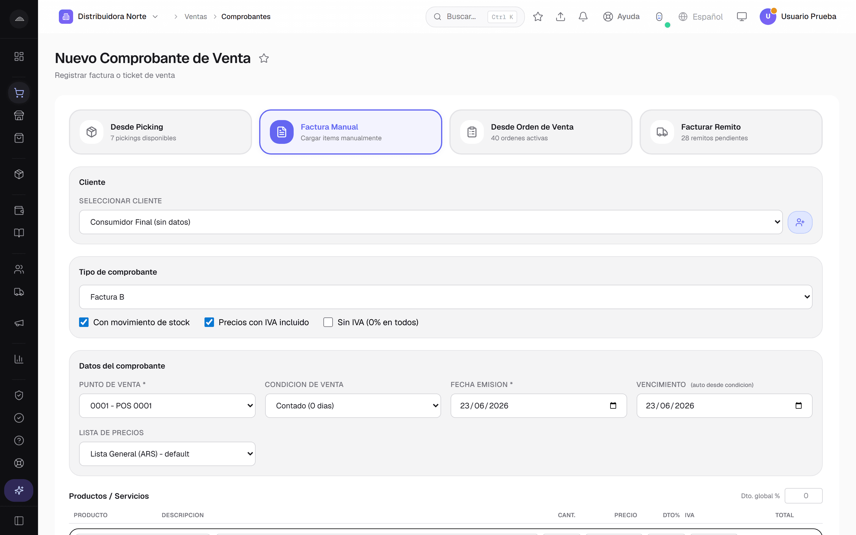 Selector de tipo de comprobante en Abakool con Factura A, B, C y FCE
