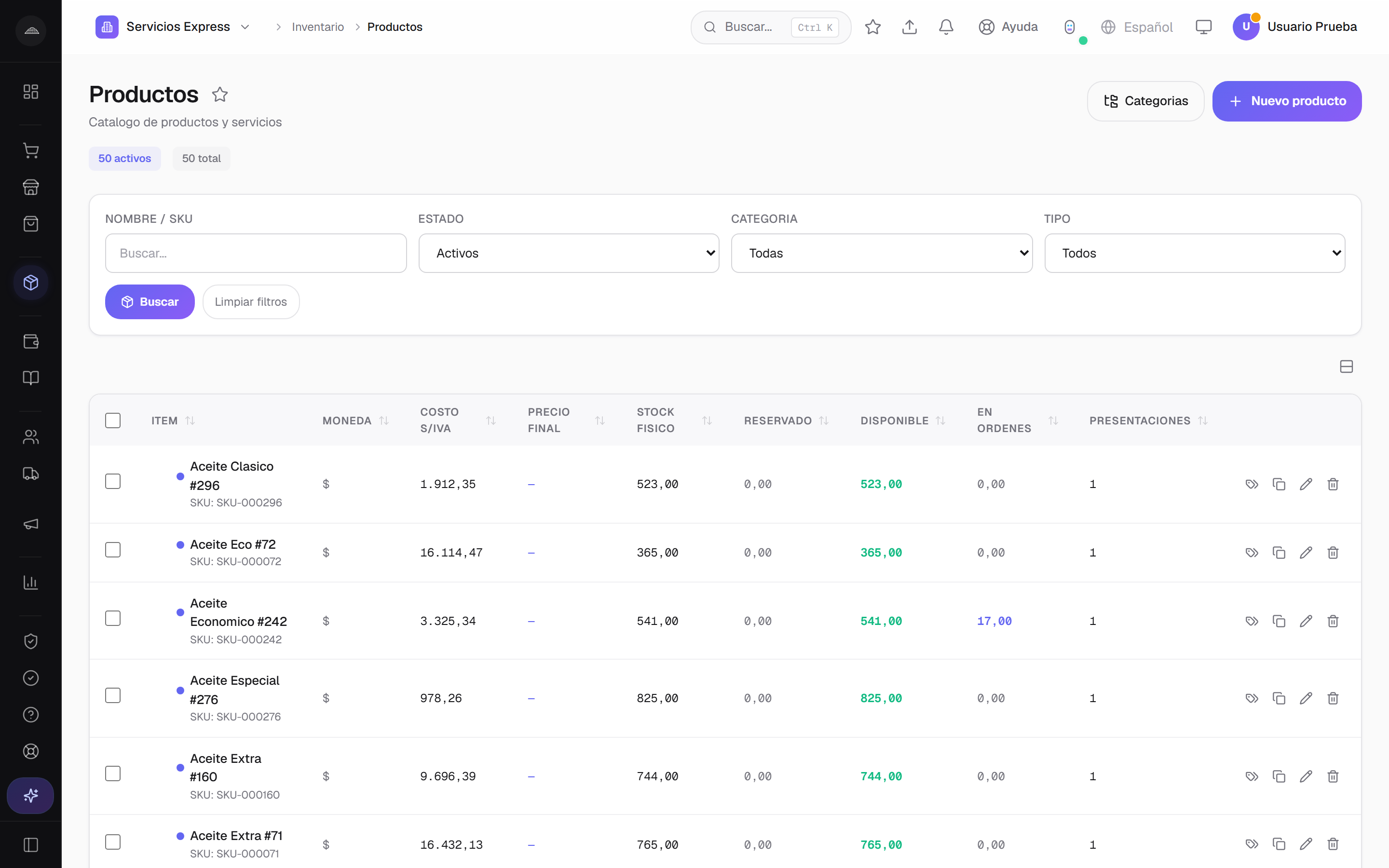 Listado de stock multi-depósito en Abakool con existencias por sucursal y alertas de mínimos
